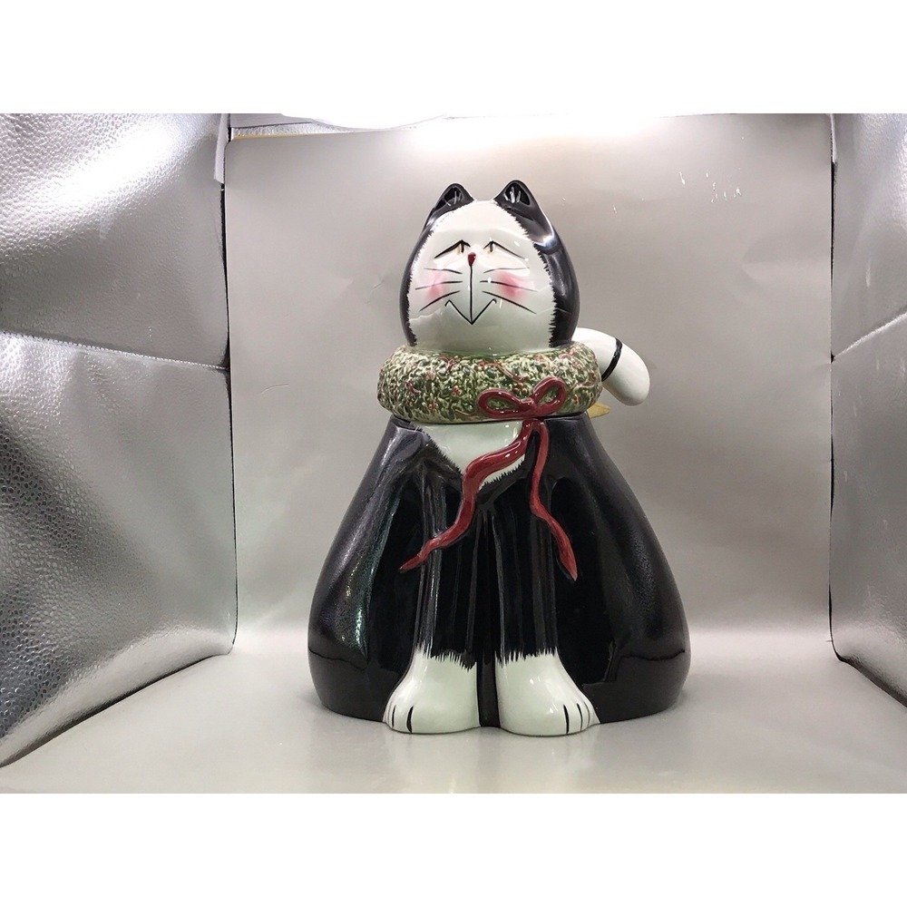 Sakura Black And White Cat Cookie Jar 11" X 7"
